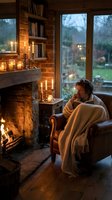 Woman relaxing by fireplace with candles on rainy evening in cozy living room with brick walls and warm blanket creating peaceful hygge atmosphere.