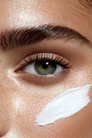 Close-up of green eye with thick dark eyebrow and white moisturizer or cream streak on glowing skin with natural freckles and dewy highlighter finish.