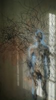 Abstract artistic composition with flowing organic lines and ethereal smoke-like forms creating mystical atmospheric effects on textured surface.