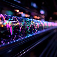 Colorful stock market data visualization with glowing candlestick charts and trading indicators on dark background, creating futuristic financial technology effect.