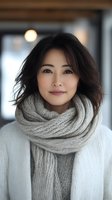 Young Asian woman wearing cozy white winter sweater and chunky knit gray scarf smiling warmly at camera. Natural makeup and wavy black hair complete casual cold weather look.