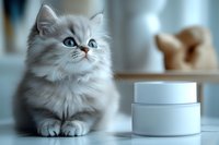 Fluffy white kitten with blue eyes sitting next to skincare cream jar on white surface, suitable for pet and beauty product marketing.