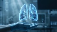 Holographic lungs floating above open palm in medical facility. Digital healthcare technology concept for respiratory system analysis and pulmonology education.