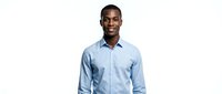 Young African American male professional wearing light blue button-up shirt against white background, suitable for corporate portraits, business websites, and professional headshots.