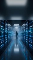 Man in dark clothing standing in futuristic server room corridor with illuminated blue server racks and glowing lights, representing data center, technology, and artificial intelligence infrastructure.