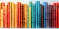 Row of colorful book spines arranged in rainbow spectrum order on shelf, showing gradient from red through orange, yellow, green, turquoise to blue, creating vibrant library display.