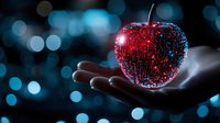 Glowing red crystal apple floating above palm against dark background with blue bokeh lights creates magical atmosphere. Concept of fantasy and enchantment.