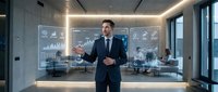 Professional businessman in dark suit presenting financial data analytics on futuristic holographic displays in modern corporate office environment.