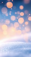 Dreamy winter background with glowing golden bokeh lights floating above sparkling snow surface in soft blue and peach tones, creating magical atmosphere.