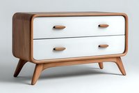 Modern wooden chest of drawers with white fronts and curved edges, featuring retro-inspired design, tapered legs, and natural oak finish. Stylish furniture piece.
