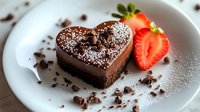 Heart shaped chocolate mousse cake with powdered sugar, fresh strawberry garnish and chocolate shavings served on white plate. Romantic dessert for special occasions.