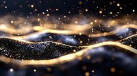 Abstract luxury waves with golden glowing lines and sparkles on black background, flowing curves with glitter effect and bokeh lights create elegant design.