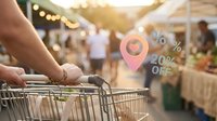 Young adult female hand pushing shopping cart in outdoor market with location pin and discount percentage icons floating in air, representing retail navigation and promotional offers.