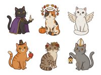 Cute cats wearing Halloween and autumn costumes isolated on white background, including vampire, angel, witch, pumpkin and pilgrim themes for seasonal designs.