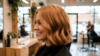 Young Caucasian woman with wavy auburn bob haircut smiling in modern hair salon. Professional hairstyling and beauty treatment concept for salon marketing.