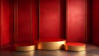 Empty golden podiums on red background with dramatic lighting and shadows create luxurious display platform for product presentation and advertising.