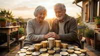 Happy senior Caucasian couple counting golden coins at sunset on home patio, planning retirement finances and celebrating wealth together outdoors.