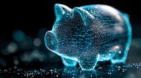 Digital wireframe piggy bank glowing in neon blue light on dark background with bokeh effect, representing financial technology and digital banking concept.