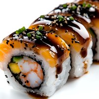 Fresh sushi roll with shrimp, avocado and cucumber topped with salmon, teriyaki sauce, sesame seeds and green onions on white background, macro shot.