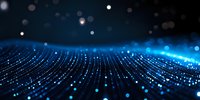Abstract digital wave of glowing blue particles and bokeh lights on dark background, creating futuristic technology landscape with depth of field effect.