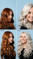 Hair transformation before and after showing dramatic color change from auburn red to platinum blonde with professional salon styling results.