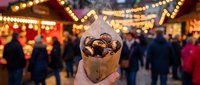 Roasted chestnuts in paper cone at festive Christmas market with warm bokeh lights and holiday crowd creating cozy winter atmosphere for seasonal celebrations.
