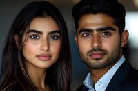 Young professional South Asian couple in business attire looking confident and successful in modern office setting for corporate marketing materials.