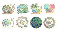 Decorative snails with ornamental shells featuring floral patterns, swirls, and botanical elements in pastel and jewel tones, isolated on white background for design projects.