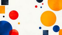 Vibrant geometric composition with orange, red and blue circles scattered across white background, accented by black squares creating dynamic modern pattern.