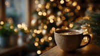 Cozy winter coffee cup with warm bokeh lights and Christmas tree in background creating festive holiday atmosphere for seasonal marketing and greeting cards.
