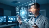 Professional Asian male scientist analyzing holographic data interface with futuristic technology displays in modern laboratory environment.