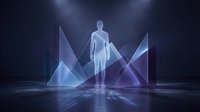 Glowing holographic human figure standing among digital geometric shapes and light rays in futuristic virtual environment for technology concepts.