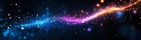 Colorful cosmic light trail with glowing particles in blue, purple, and gold against dark background, creating magical atmosphere.