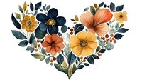 Floral heart arrangement with navy blue, peach and yellow blooms, sage green leaves and berries in watercolor style on white background, ready for design use.