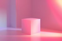 Minimalist white cube in pink gradient lighting creating soft shadows, perfect for modern design presentations and abstract conceptual backgrounds.