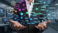 Businessman presenting colorful digital network connections and data visualization concepts floating above hands in modern office environment.