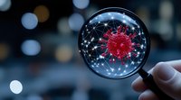 Magnifying glass revealing red virus cell with network connections on dark background with bokeh lights, scientific research concept for medical presentations.