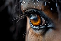 Extreme close-up of horse eye with amber iris, long eyelashes, and water droplets showing deep emotion and intelligence against dark background.