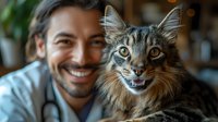 Happy young Hispanic man with smiling Maine Coon cat at home, showing emotional connection between pet owner and feline companion in cozy interior setting.
