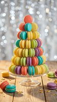 Colorful French macarons arranged in pyramid tower on glass stand with bokeh lights background for celebration dessert display and party catering presentation.