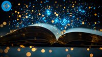 Open book emitting magical blue light and golden sparkles against dark background, creating mystical atmosphere for fantasy and education concepts.