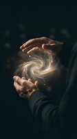 Hands holding glowing spiral energy vortex with golden light particles, representing magic, power, and mystical force for spiritual and conceptual design projects.