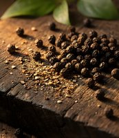 Black peppercorns scattered on rustic wooden cutting board with fresh green leaves, aromatic spices for culinary cooking and seasoning recipes.