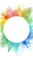 Tropical watercolor frame with hibiscus flowers, palm leaves and seashells in rainbow gradient colors. White circle space for text or design elements.