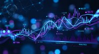 Financial data visualization with glowing charts, graphs and analytics on dark blue background. Business intelligence dashboard for market analysis.