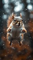 Red squirrel jumping in falling snow with outstretched paws against blurred winter background, close-up portrait showing curious expression and detailed fur.