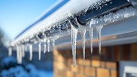 Glistening icicles hanging from roof edge against blurred winter background, showcasing natural frozen water formations in cold weather conditions.