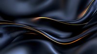 Elegant dark navy blue silk fabric with golden flowing lines creates luxurious waves and curves on black background, suitable for luxury brand designs.
