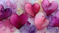 Watercolor hearts in pink and purple tones with bubbles creating romantic Valentine's Day background for love-themed designs and greeting cards.