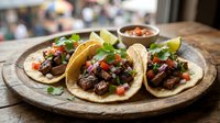 Gourmet beef tacos with fresh cilantro, diced tomatoes, and lime wedges served on wooden plate with salsa for restaurant, food blog, and menu design.